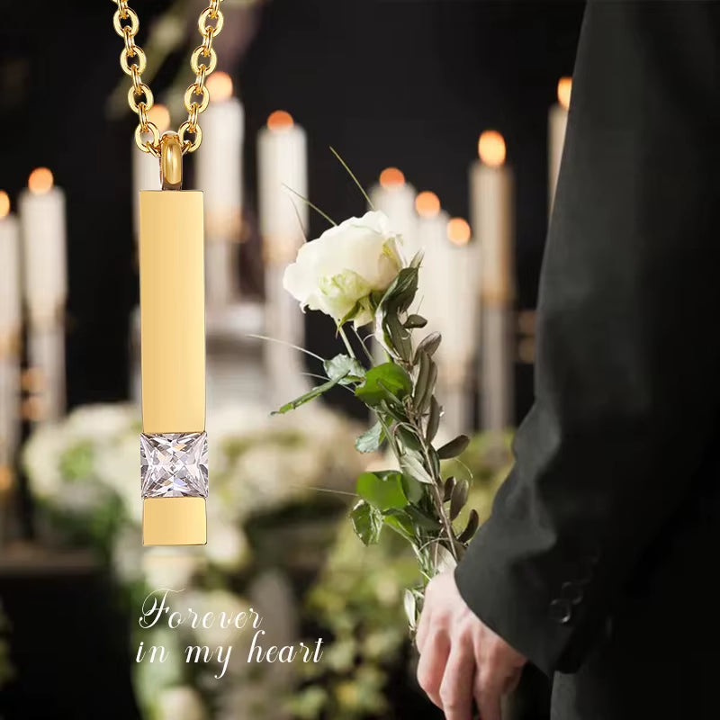 Urn Necklaces for Ashes Memorial Cremation Jewelry, Stainless Steel Bar Pendant for Women Men,Keepsake Gift with CZ Stone