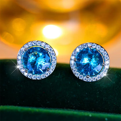 Luxury Female Crystal Purple Blue Green round Stud Earrings Silver Color Wedding Jewelry for Women