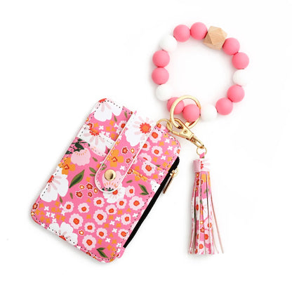 2024 Silicone Bead Bracelet Leather Card Bag Wristlet Keychain Silicone Bracelet Wallet Bangle Floret Printed Fragmented ID Bag