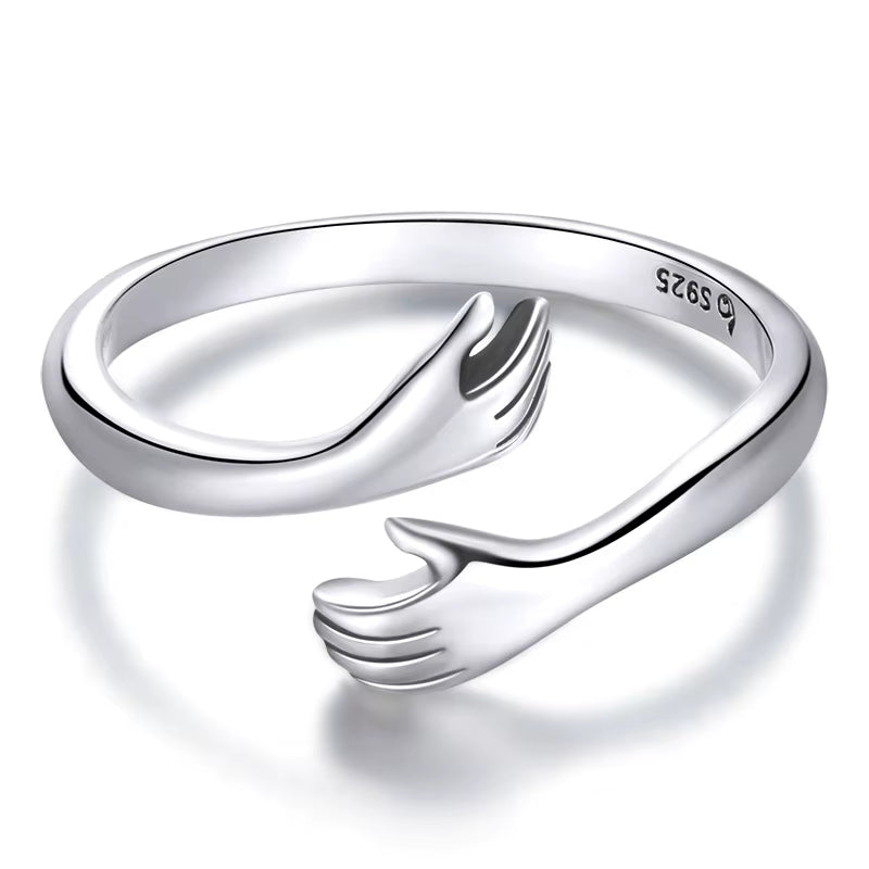 925 Sterling Silver Hug Hands Ring Simple Design Finger Ring for Women Elegant Silver Jewelry CTR176