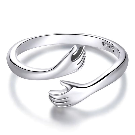 925 Sterling Silver Hug Hands Ring Simple Design Finger Ring for Women Elegant Silver Jewelry CTR176