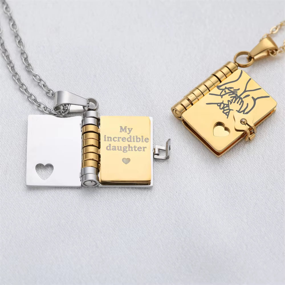 Openable Book Locket Pendant Necklace My Son Daughter Book Necklaces Girl Boy Graduation Jewelry Steel Choker Birthday Gift
