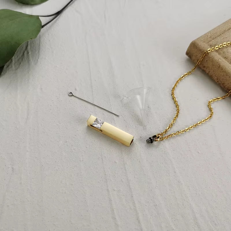 Urn Necklaces for Ashes Memorial Cremation Jewelry, Stainless Steel Bar Pendant for Women Men,Keepsake Gift with CZ Stone