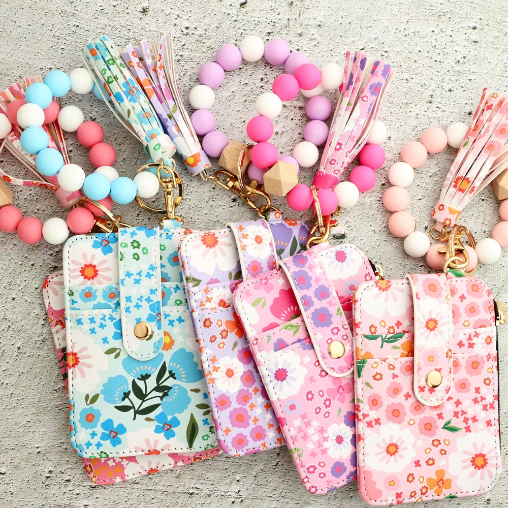 2024 Silicone Bead Bracelet Leather Card Bag Wristlet Keychain Silicone Bracelet Wallet Bangle Floret Printed Fragmented ID Bag