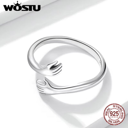 925 Sterling Silver Hug Hands Ring Simple Design Finger Ring for Women Elegant Silver Jewelry CTR176
