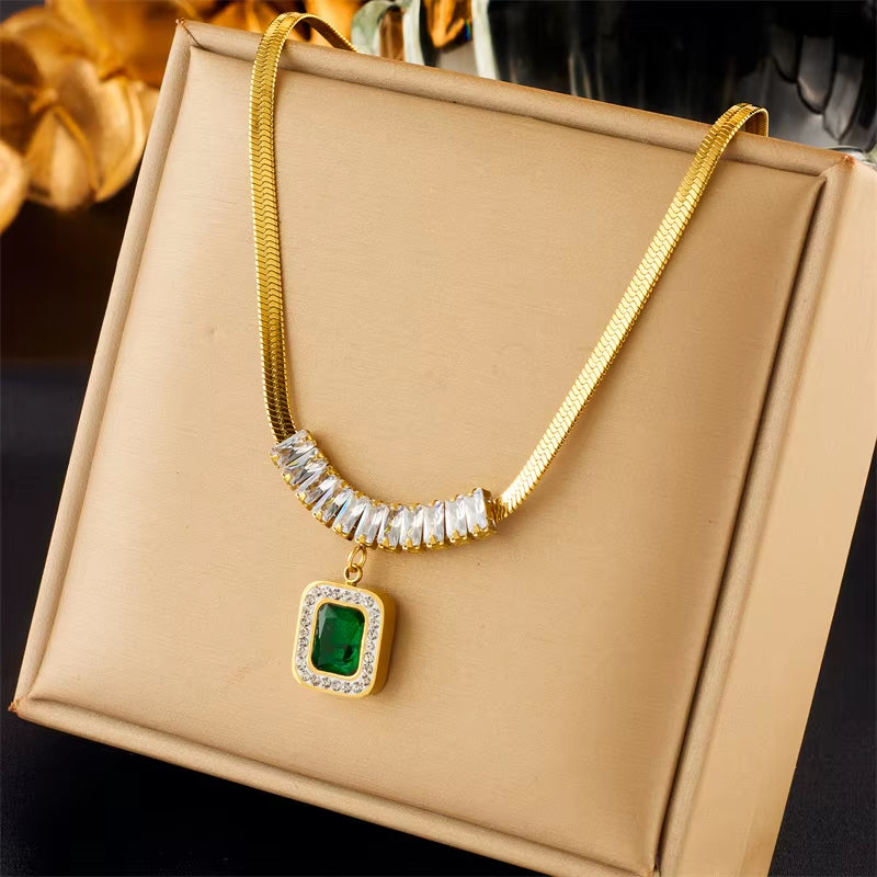 316L Stainless Steel Luxury Non-Fading Square Green Crystal Zircon Pendant Necklace Earrings Jewelry Set for Women Gifts