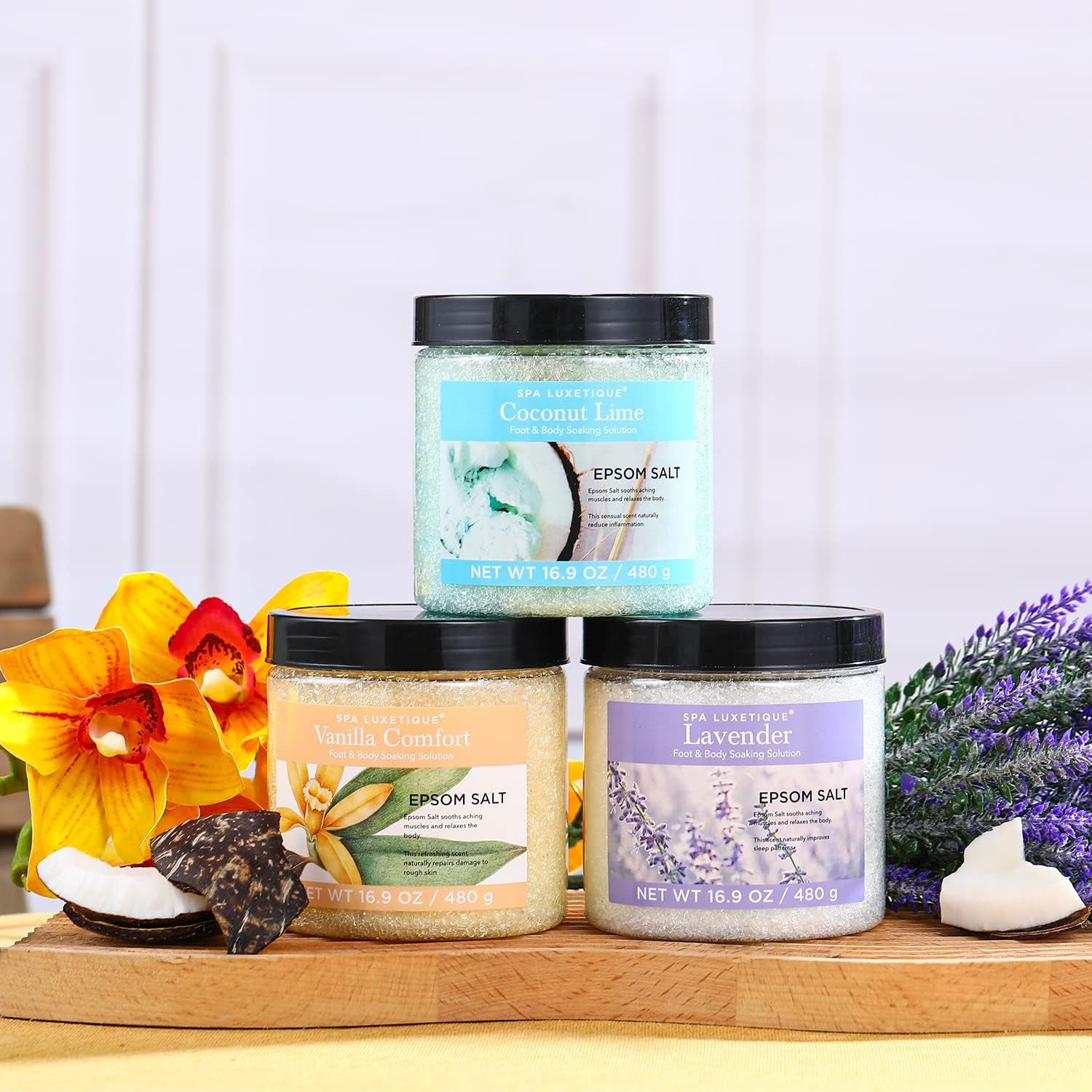 Smoothing Bath Salts Gift Set – 3 Scents (Lavender, Vanilla & Coconut) 3.17 lbs  