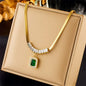 316L Stainless Steel Luxury Non-Fading Square Green Crystal Zircon Pendant Necklace Earrings Jewelry Set for Women Gifts