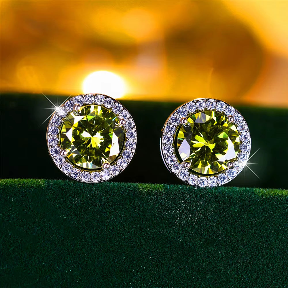 Luxury Female Crystal Purple Blue Green round Stud Earrings Silver Color Wedding Jewelry for Women