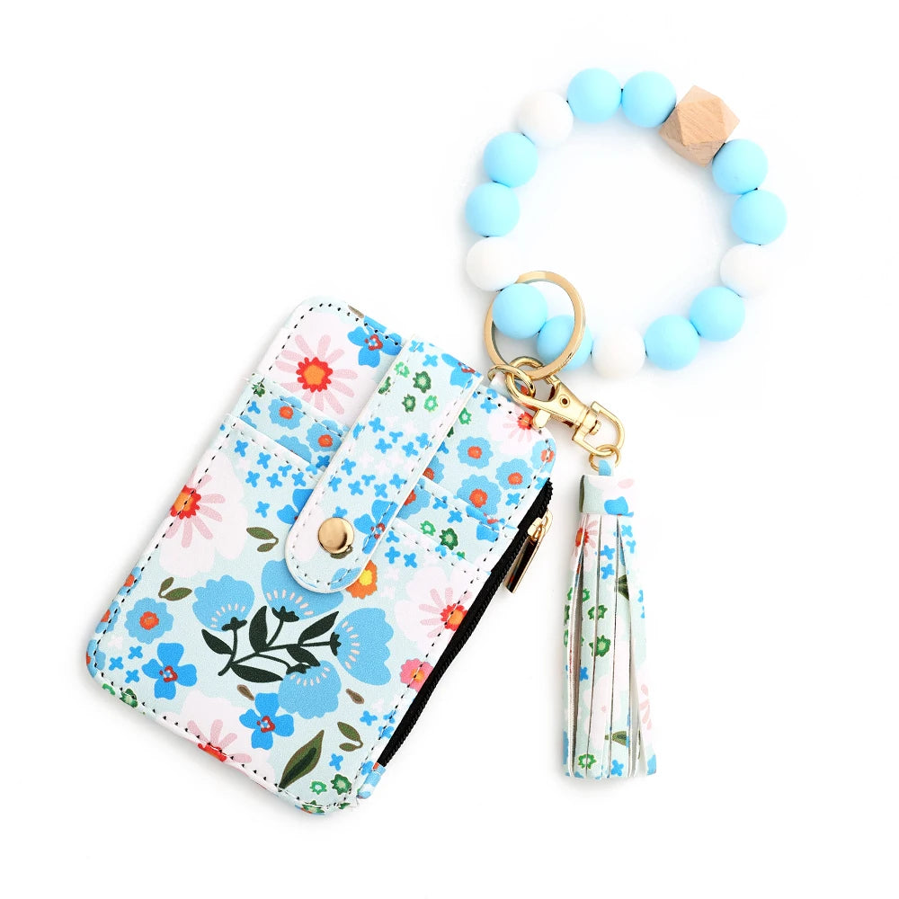2024 Silicone Bead Bracelet Leather Card Bag Wristlet Keychain Silicone Bracelet Wallet Bangle Floret Printed Fragmented ID Bag