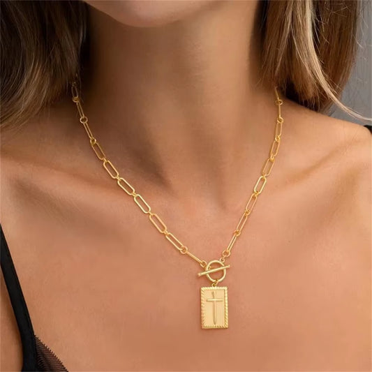 Rectangle Cross Pendant Necklace Religious Jewelry Toggle Clasp Paperclip Chain Necklaces for Women Men First Communion Gift