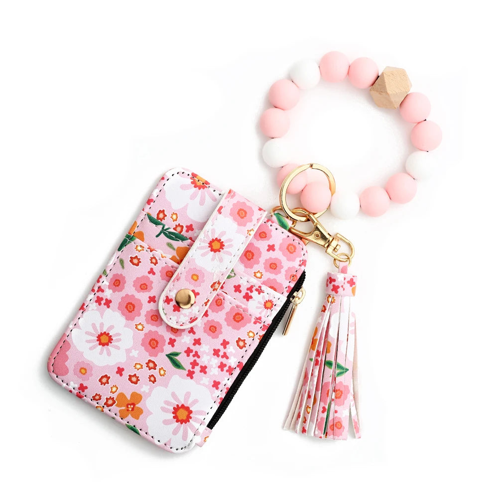 2024 Silicone Bead Bracelet Leather Card Bag Wristlet Keychain Silicone Bracelet Wallet Bangle Floret Printed Fragmented ID Bag