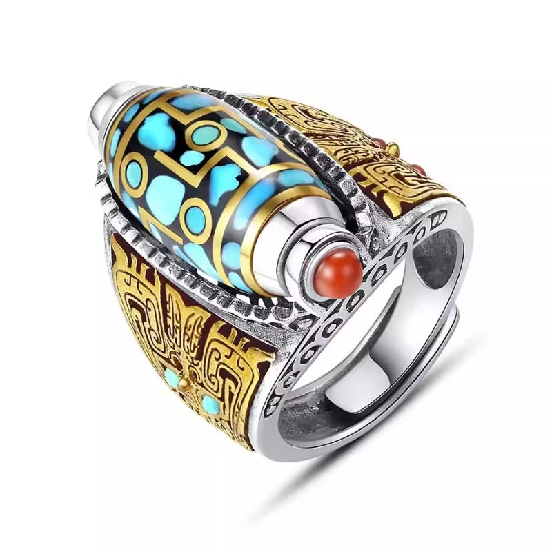 🕉️ Tianzhu Fortune Ring – 925 Silver Nine-Eyed Prosperity Bead Jewelry