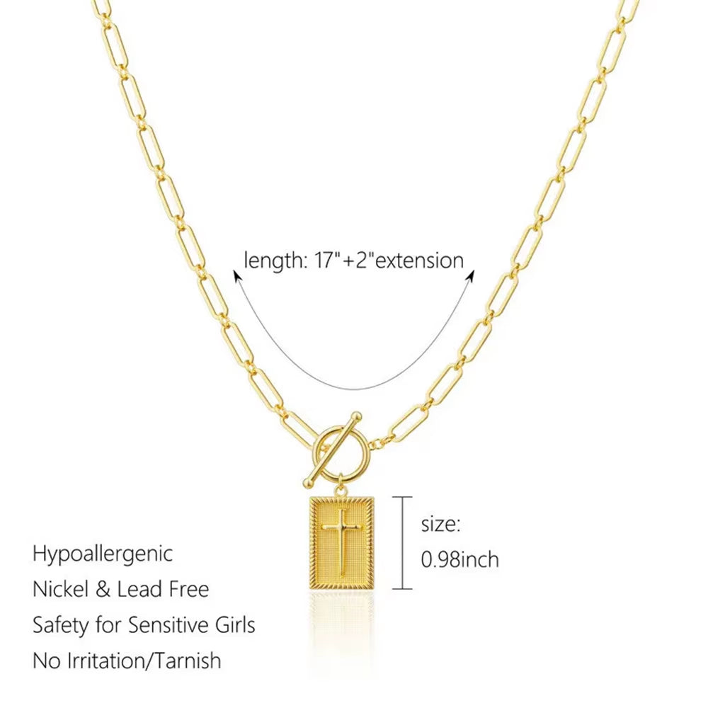 Rectangle Cross Pendant Necklace Religious Jewelry Toggle Clasp Paperclip Chain Necklaces for Women Men First Communion Gift