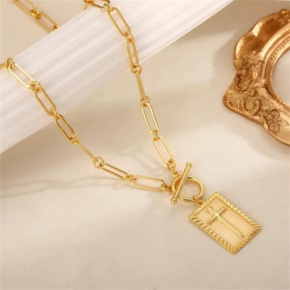 Rectangle Cross Pendant Necklace Religious Jewelry Toggle Clasp Paperclip Chain Necklaces for Women Men First Communion Gift