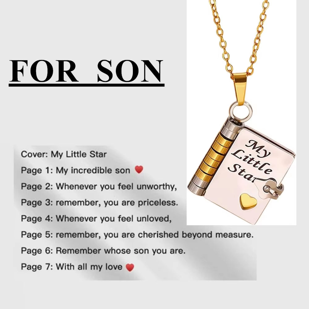Openable Book Locket Pendant Necklace My Son Daughter Book Necklaces Girl Boy Graduation Jewelry Steel Choker Birthday Gift