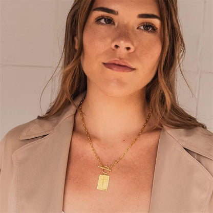 Rectangle Cross Pendant Necklace Religious Jewelry Toggle Clasp Paperclip Chain Necklaces for Women Men First Communion Gift